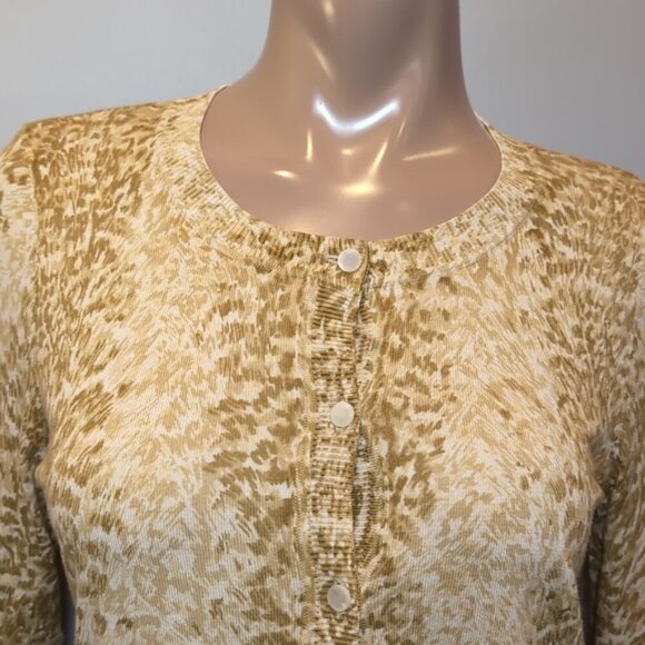 Talbots Animal Print Cardigan Sweater Crop Sleeve Button Front Petite Size Large - Picture 2 of 11